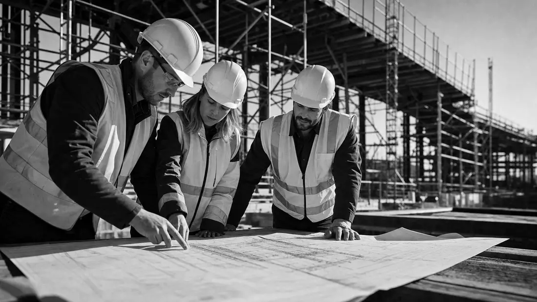 Schwarzweiß-Reportagefoto von Ingenieuren mit Bauplänen auf Gerüst-Baustelle