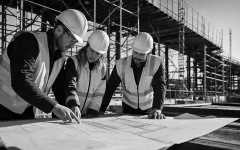 Jacobs Solutions Ingenieure prüfen Baupläne gemeinsam auf Großbaustelle in dokumentarischer Schwarzweißaufnahme, ISIN US4698141098 - Foto: THN