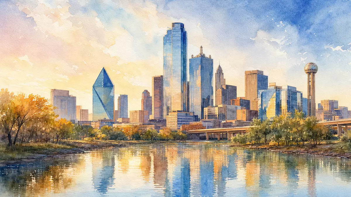 Aquarell-Illustration der Skyline von Dallas mit Glasgebäuden und Flussreflexionen