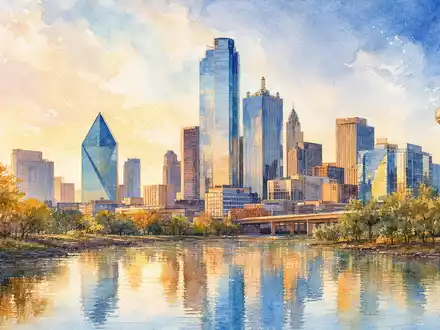 Jacobs Solutions Hauptquartier Dallas als farbiges Aquarell-Stadtpanorama mit schönen Flussreflexionen, ISIN US4698141098 - Foto: THN