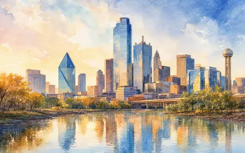 Jacobs Solutions Hauptquartier Dallas als farbiges Aquarell-Stadtpanorama mit schönen Flussreflexionen, ISIN US4698141098 - Foto: THN