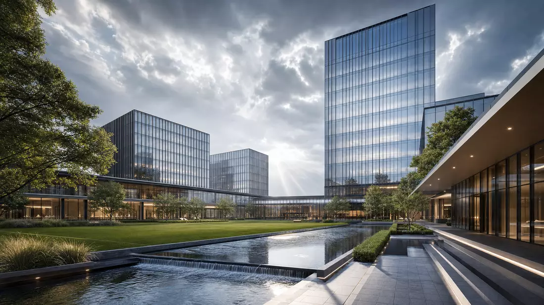 Architektur-Visualisierung eines modernen Glas-Stahl-Unternehmens-Campus mit Wasserspiel