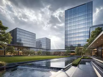 Jacobs Solutions moderner Unternehmens-Campus als hochwertiger Architektur-Render mit eleganter Glasfassade, ISIN US4698141098 - Foto: THN