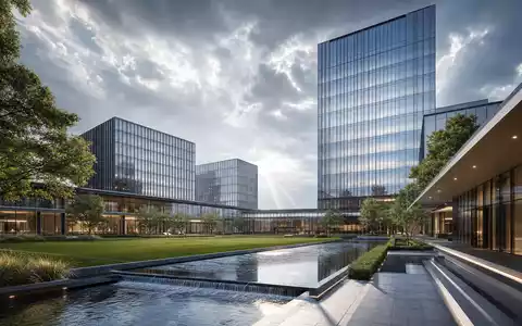 Jacobs Solutions moderner Unternehmens-Campus als hochwertiger Architektur-Render mit eleganter Glasfassade, ISIN US4698141098 - Foto: THN