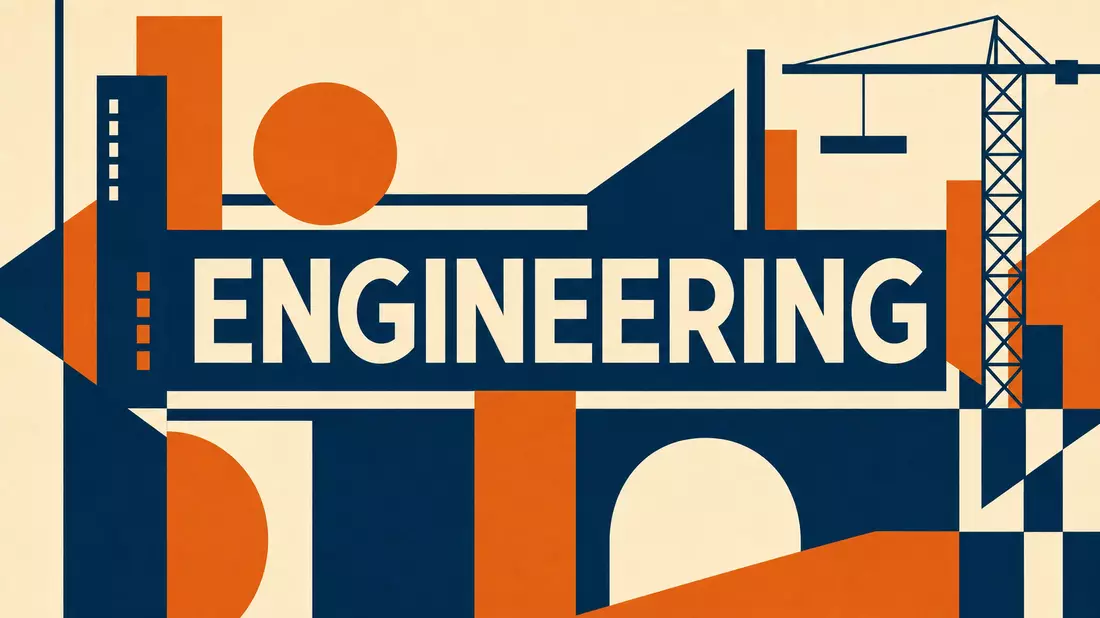Geometrisches Bauhaus-Poster mit ENGINEERING-Text in Navy-Blau, Orange und Creme