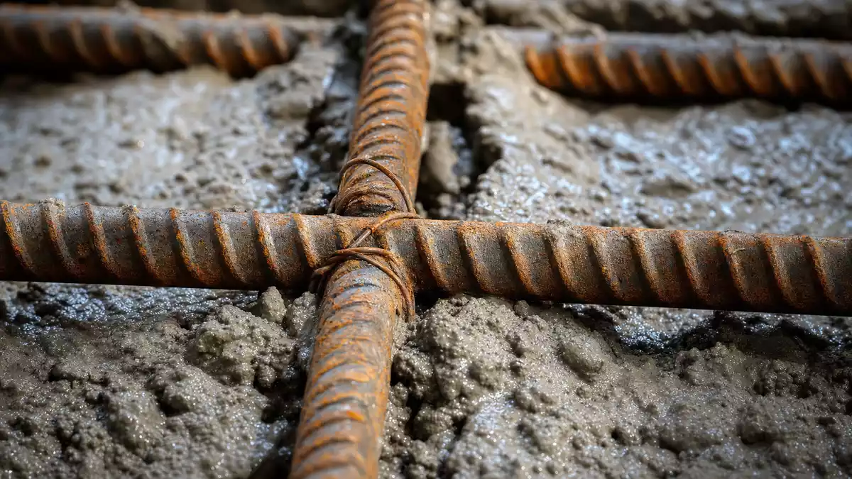 Makrofoto von Stahlarmierungs-Gitter mit frischem nassem Beton in Industrieästhetik