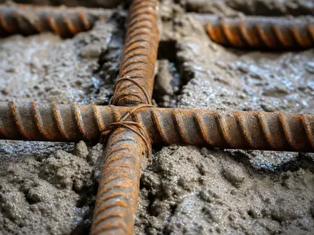 Jacobs Solutions Baustahl-Armierungsgitter mit frischem grauem Beton als industrielle Makro-Detailaufnahme, ISIN US4698141098 - Foto: THN