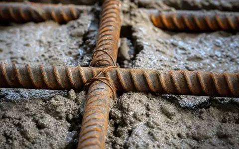 Jacobs Solutions Baustahl-Armierungsgitter mit frischem grauem Beton als industrielle Makro-Detailaufnahme, ISIN US4698141098 - Foto: THN
