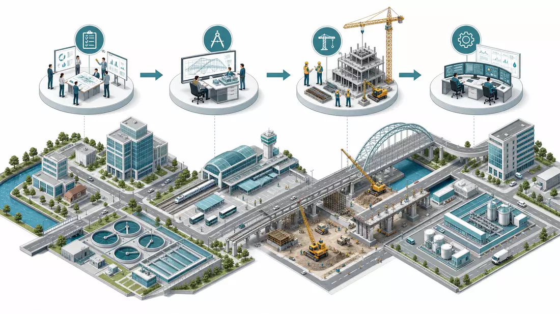 Isometrische 3D-Illustration der Engineering-Wertschöpfungskette von Planung über Bau bis Betrieb
