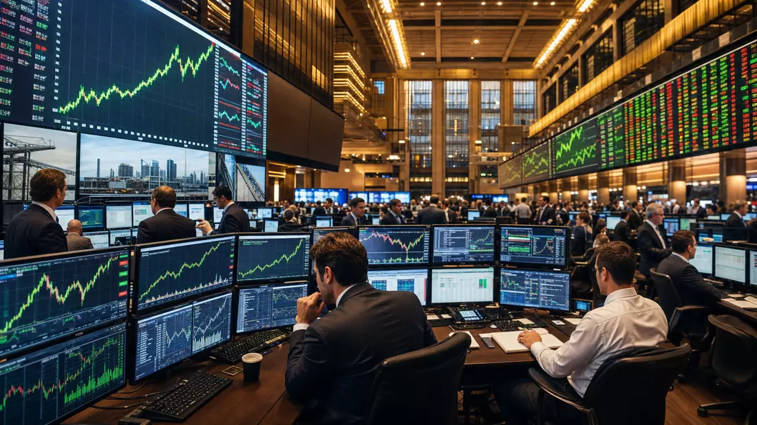 Redaktionelles Foto des NYSE-Handelsraums mit Infrastruktur-Charts auf Monitoren