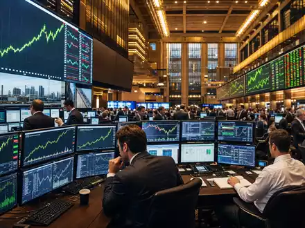 Jacobs Solutions NYSE Handelsparkett zeigt grüne Infrastruktursektor Charts auf vielen Trading-Bildschirmen, ISIN US4698141098 - Foto: THN