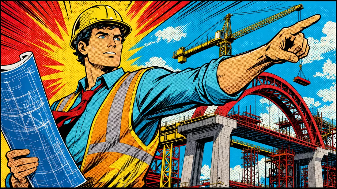 Pop-Art-Comic eines heroischen Ingenieurs mit Bauplan vor bunter Brückenbaustelle mit Kran