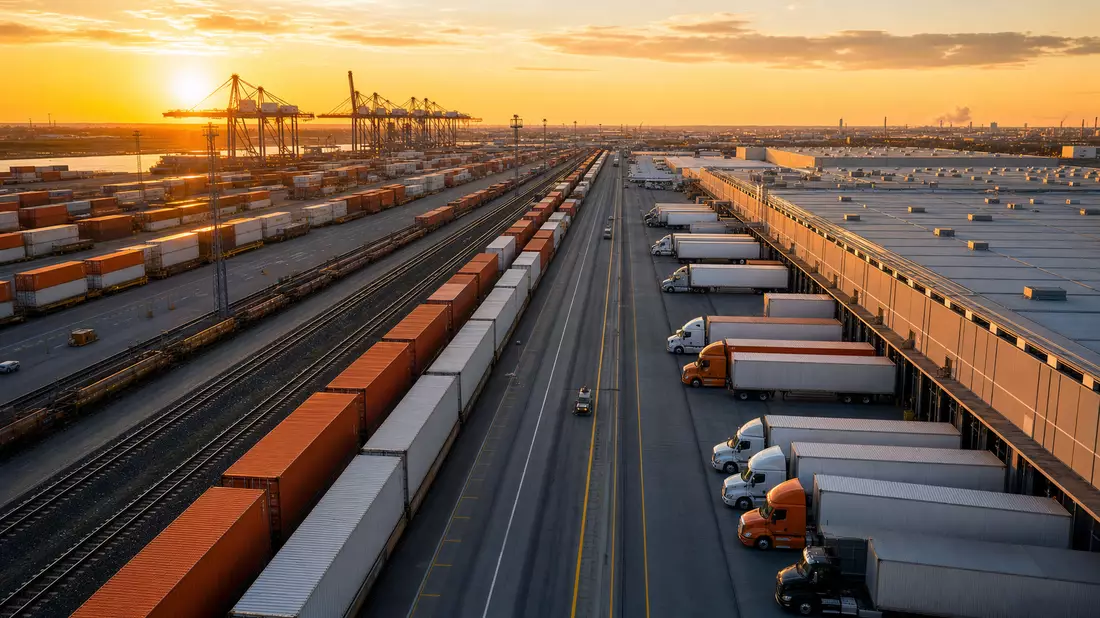 Luftbild eines Frachtumschlagplatzes mit Containern, Zügen und LKW bei Sonnenuntergang