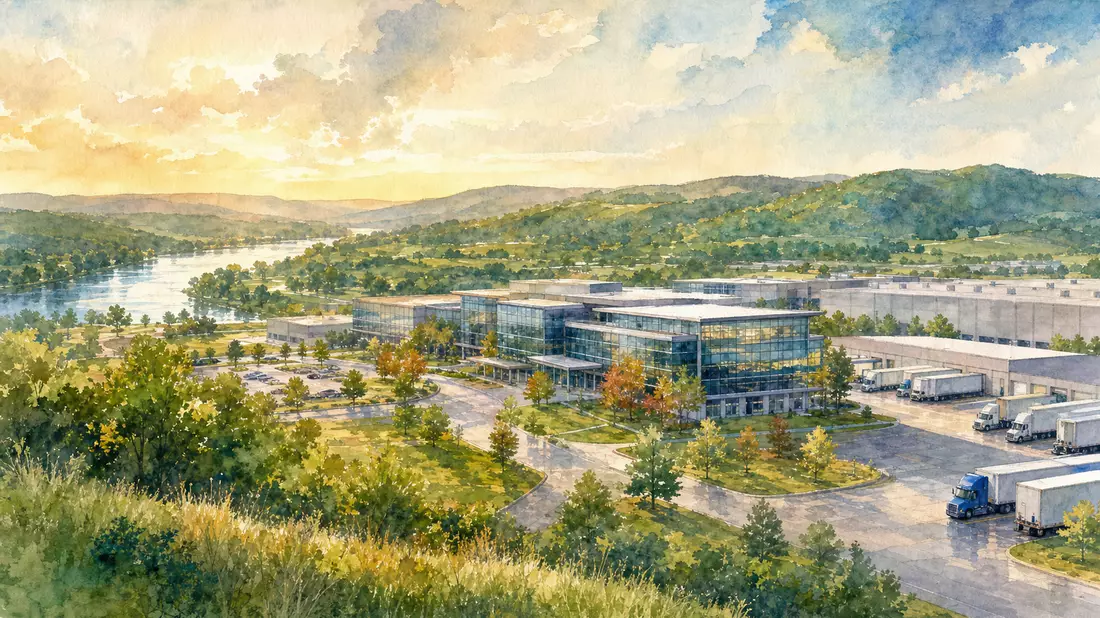 Aquarellbild eines Logistik-Unternehmensgeländes mit Glasgebäuden in hügeliger Landschaft