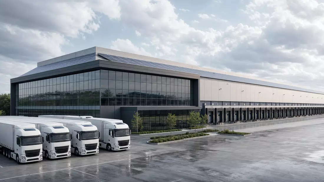 CGI-Render eines modernen Logistikzentrums mit Glas-Stahl-Fassade und LKW-Flotte davor