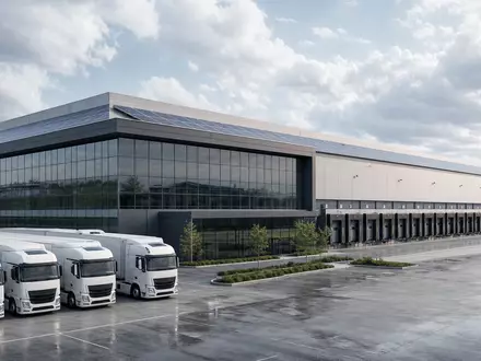 J.B. Hunt Transport US4655621062 – Architektur-CGI eines modernen Logistikzentrums mit Solardach und weißer LKW-Flotte - Foto: THN