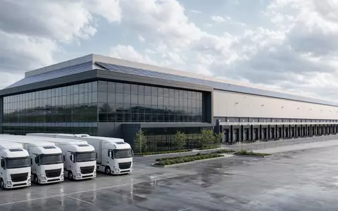 J.B. Hunt Transport US4655621062 – Architektur-CGI eines modernen Logistikzentrums mit Solardach und weißer LKW-Flotte - Foto: THN
