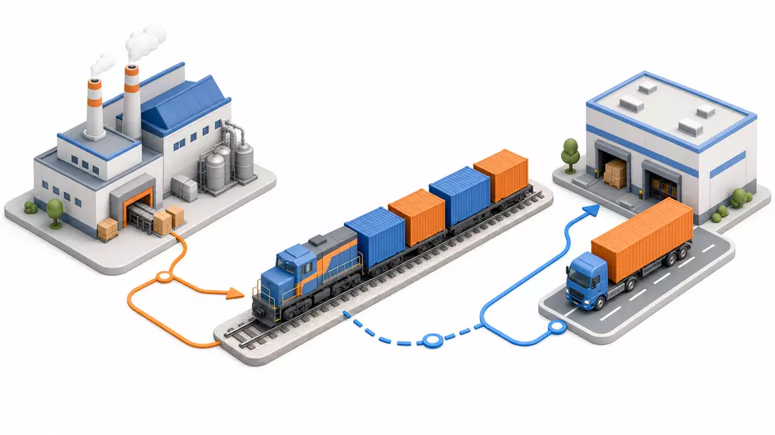 Isometrische 3D-Illustration der Logistik-Wertschöpfungskette: Fabrik, Güterzug, LKW, Lager
