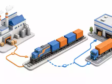 J.B. Hunt Transport US4655621062 – Isometrische 3D-Illustration der intermodalen Transportkette: Fabrik, Bahn, Lager - Foto: THN