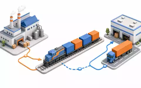 J.B. Hunt Transport US4655621062 – Isometrische 3D-Illustration der intermodalen Transportkette: Fabrik, Bahn, Lager - Foto: THN