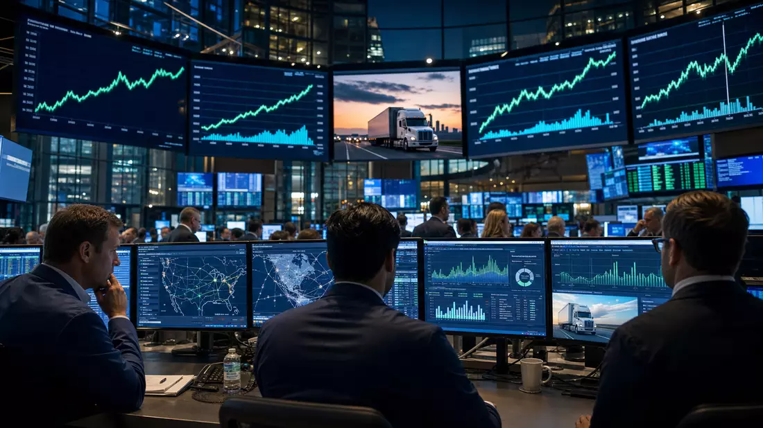 NASDAQ-Börsensaal mit Händlern und grünen Sektorcharts für Transport und Logistik auf Monitoren