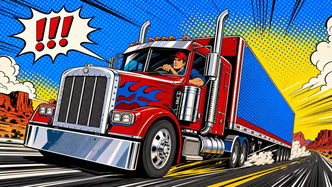 Pop-Art-Comic eines LKW-Fahrers auf Highway, bunte Halbtontupfen, Lichtenstein-Stil, Aktionslinien