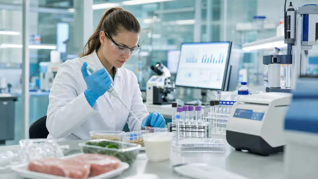 Wissenschaftlerin analysiert Lebensmittelproben mit Pipette im modernen Testlabor