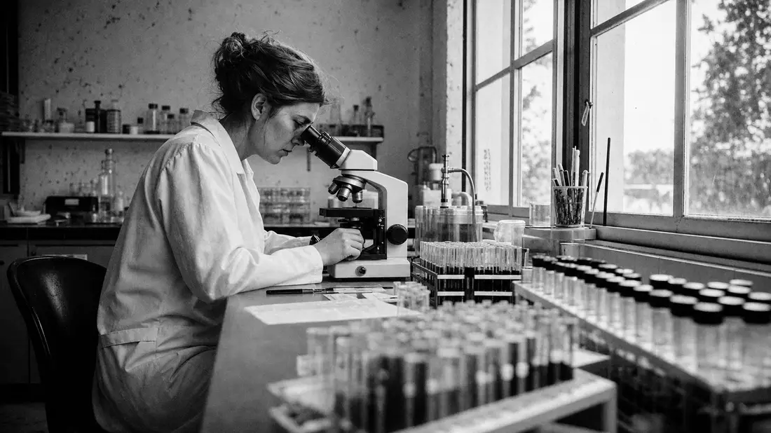 Dokumentarische Schwarzweißaufnahme einer Laborantin am Mikroskop mit Probenröhrchen