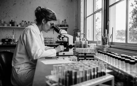 Schwarzweiß-Reportagefoto dokumentiert Laborarbeit bei Eurofins Scientific SE, ISIN FR0014000MR3, mit Mikroskop und Probenreihen - Foto: THN