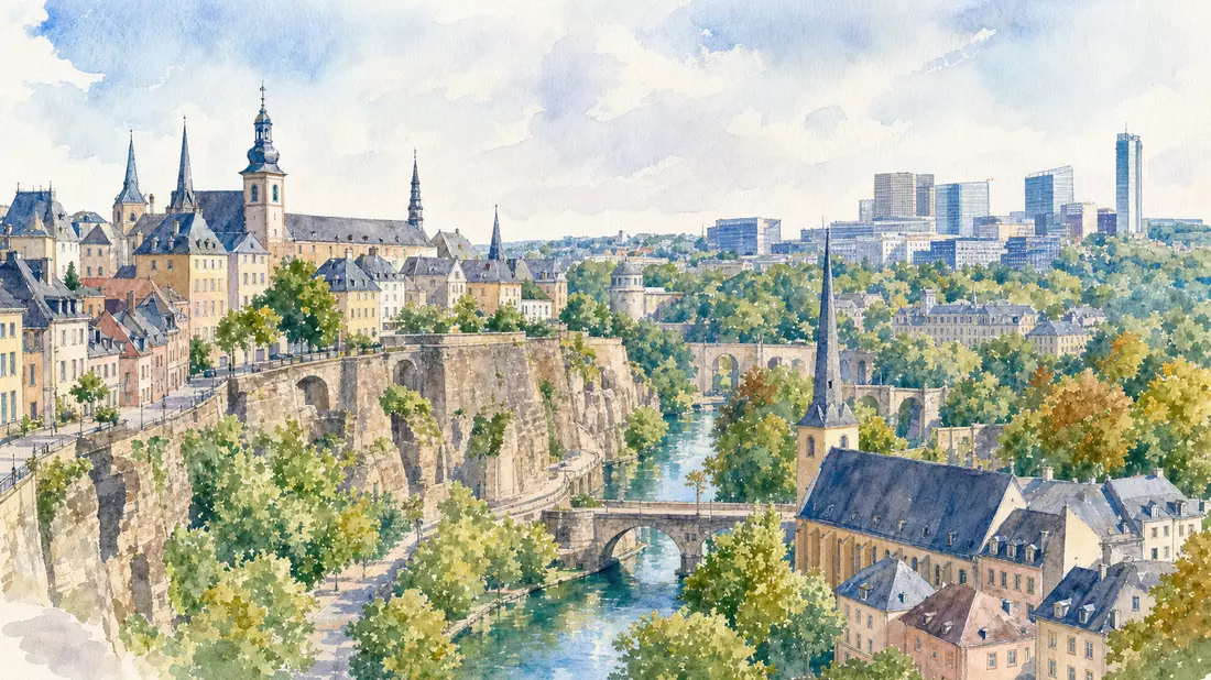 Aquarellillustration der Altstadt und Skyline von Luxembourg mit Fluss und Brücken