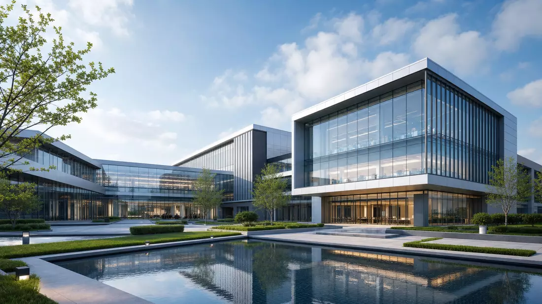 3D-Architekturvisualisierung eines gläsernen Forschungs- und Bürokomplexes mit Wasserbecken