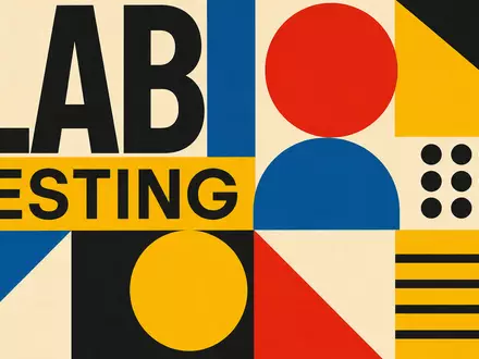 Bauhaus-Poster mit Schriftzügen LAB und TESTING illustriert die Branche von Eurofins Scientific SE, ISIN FR0014000MR3 - Foto: THN