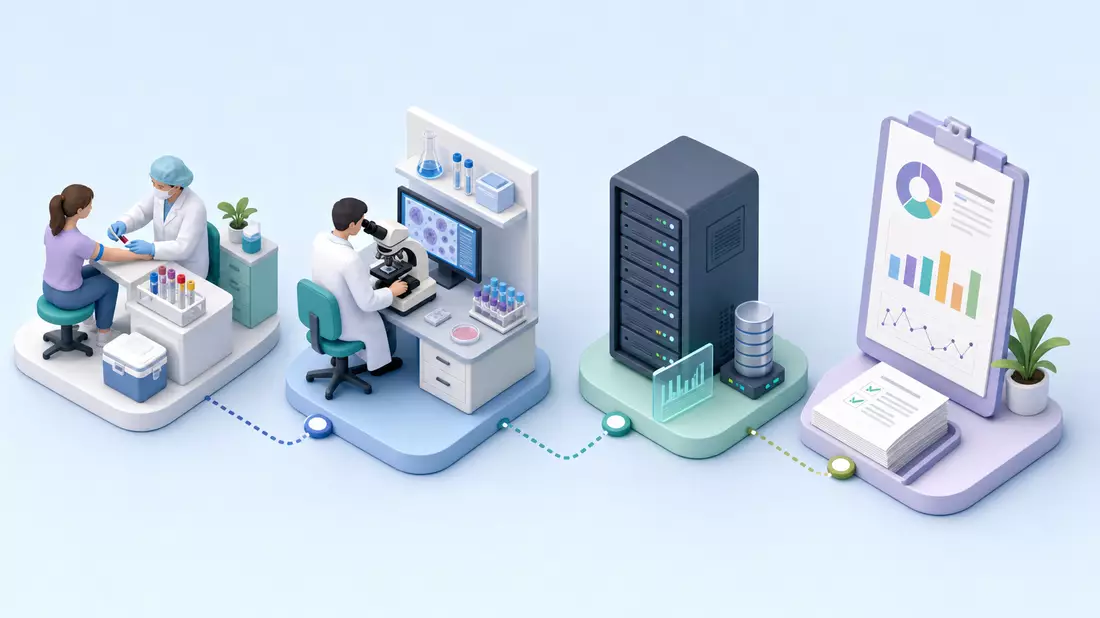 Isometrische Infografik einer Testprozesskette von Probenahme bis Datenauswertung