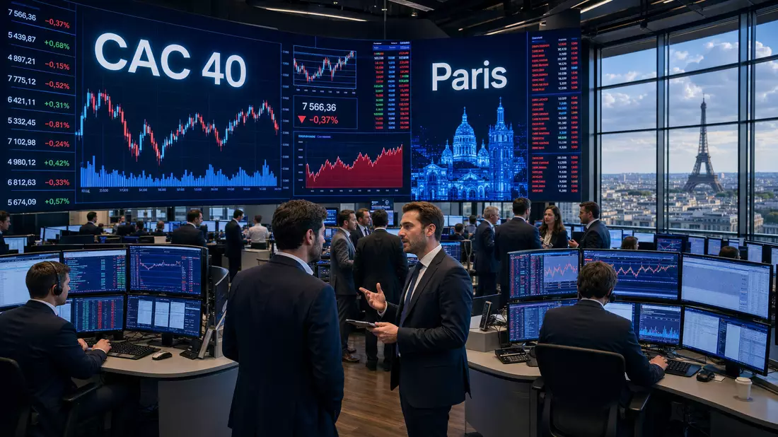 Trading-Floor mit Kurscharts, Aufschrift CAC 40 und Paris sowie Blick auf den Eiffelturm