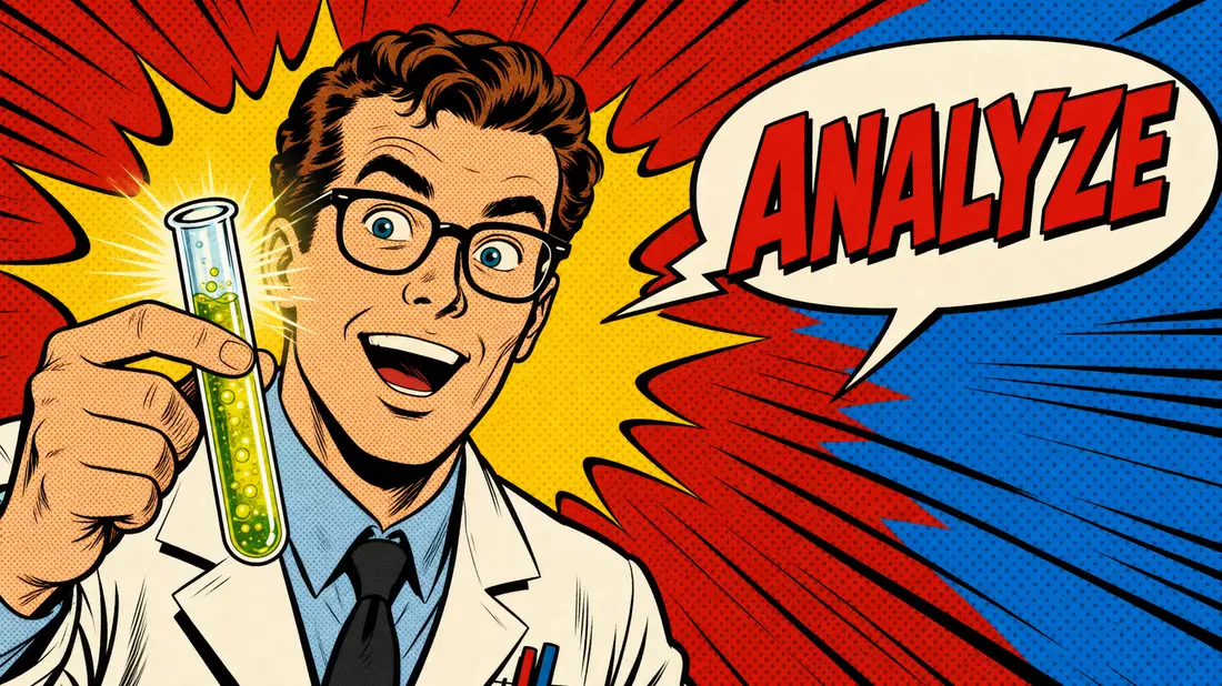Bunte Pop-Art-Comicszene eines Wissenschaftlers mit Reagenzglas und Sprechblase ANALYZE