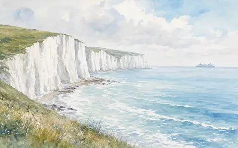 Zartes Aquarell der Ärmelkanal-Kreidefelsen visualisiert die maritime Umgebung von Getlink SE FR0010533075 - Foto: THN