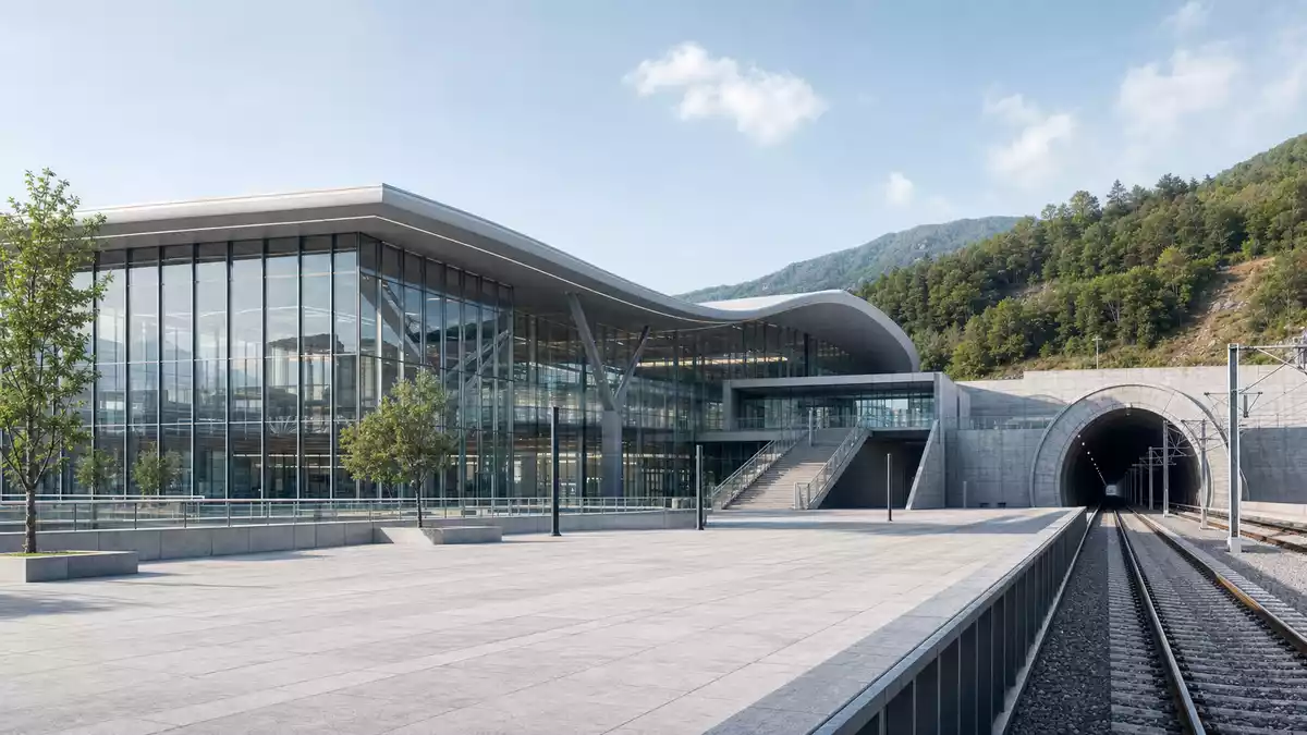 Architektur-Render eines Glas-Bahnterminals mit Tunneleinfahrt, Getlink SE FR0010533075