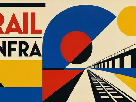 Geometrisches Bauhaus-Poster mit Sektortext RAIL und INFRA symbolisiert Getlink SE FR0010533075 im Schienenverkehr - Foto: THN