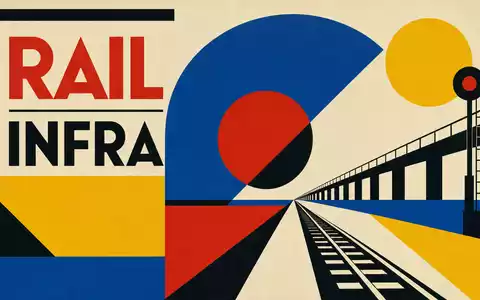 Geometrisches Bauhaus-Poster mit Sektortext RAIL und INFRA symbolisiert Getlink SE FR0010533075 im Schienenverkehr - Foto: THN