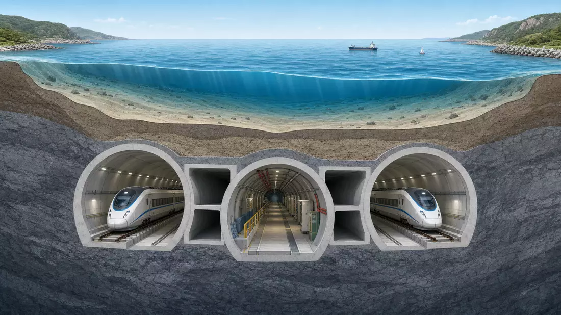 Isometrisches 3D-Diagramm eines Tunnel-Querschnitts unter dem Meer, Getlink SE FR0010533075
