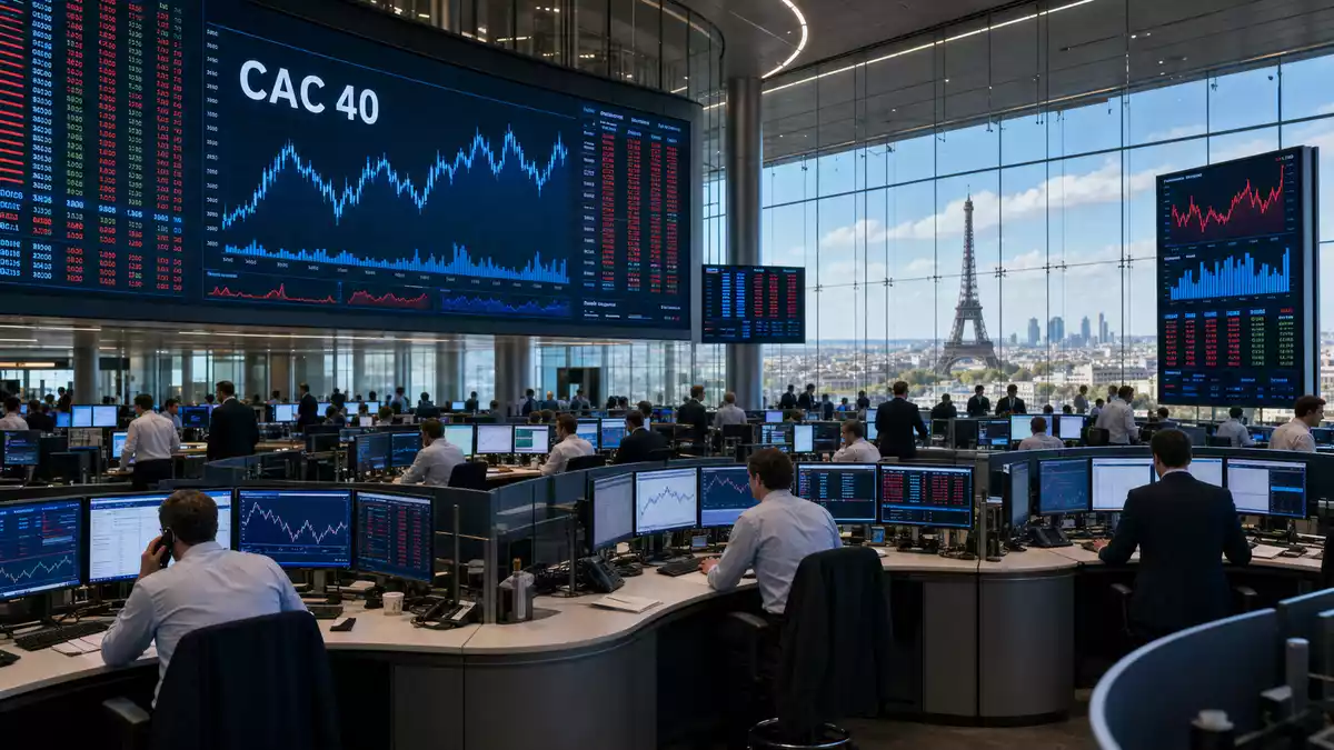 Trading-Floor mit CAC-40-Charts, Pariser Skyline, Getlink SE FR0010533075
