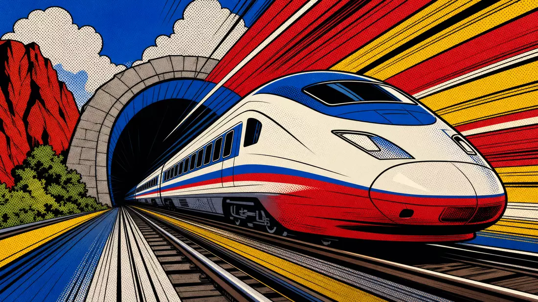 Pop-Art-Comic eines Hochgeschwindigkeitszugs am Tunnelausgang, Getlink SE FR0010533075
