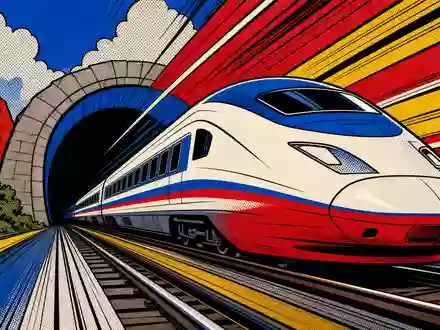 Farbenfrohe Pop-Art-Comic-Illustration eines Shuttle-Zugs am Tunnelausgang stellt die dynamische Seite von Getlink SE FR0010533075 dar - Foto: THN