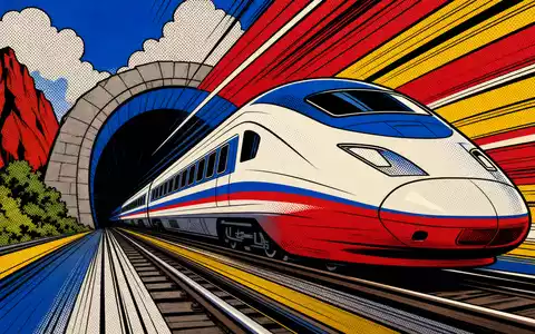 Farbenfrohe Pop-Art-Comic-Illustration eines Shuttle-Zugs am Tunnelausgang stellt die dynamische Seite von Getlink SE FR0010533075 dar - Foto: THN