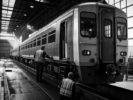 Alstom S.A. (FR0010220475) wartet Schienenfahrzeuge, hier dokumentiert als Schwarzweiß-Reportage in einem historischen Wartungsdepot - Foto: THN