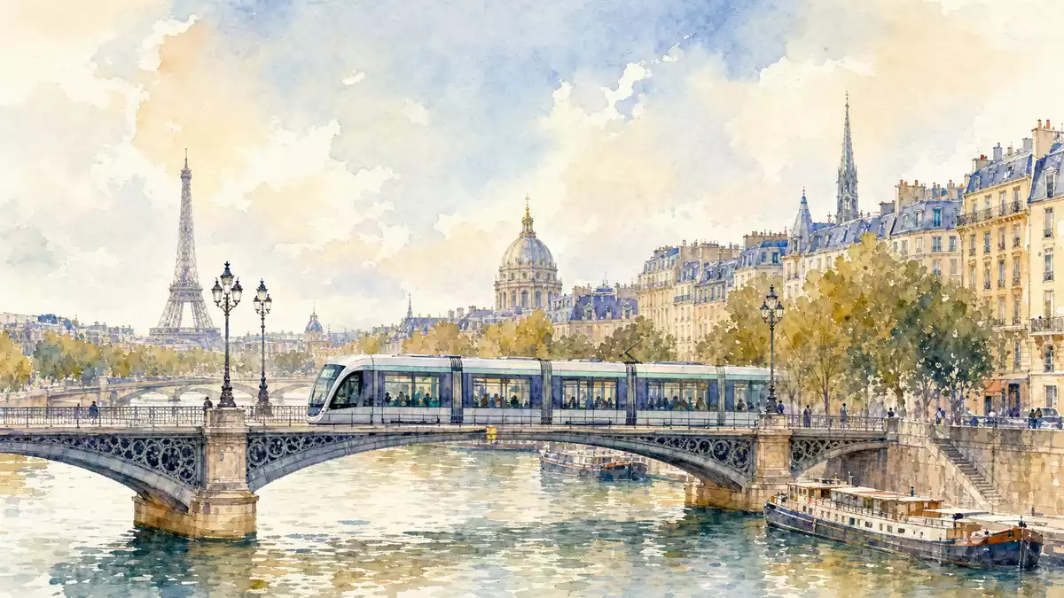 Aquarellmalerei einer Straßenbahn auf einer Pariser Brücke vor dem Eiffelturm