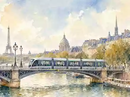 Alstom S.A. (FR0010220475) hat Sitz nahe Paris, künstlerisch dargestellt als Aquarell mit Straßenbahn - Foto: THN