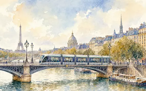 Alstom S.A. (FR0010220475) hat Sitz nahe Paris, künstlerisch dargestellt als Aquarell mit Straßenbahn - Foto: THN