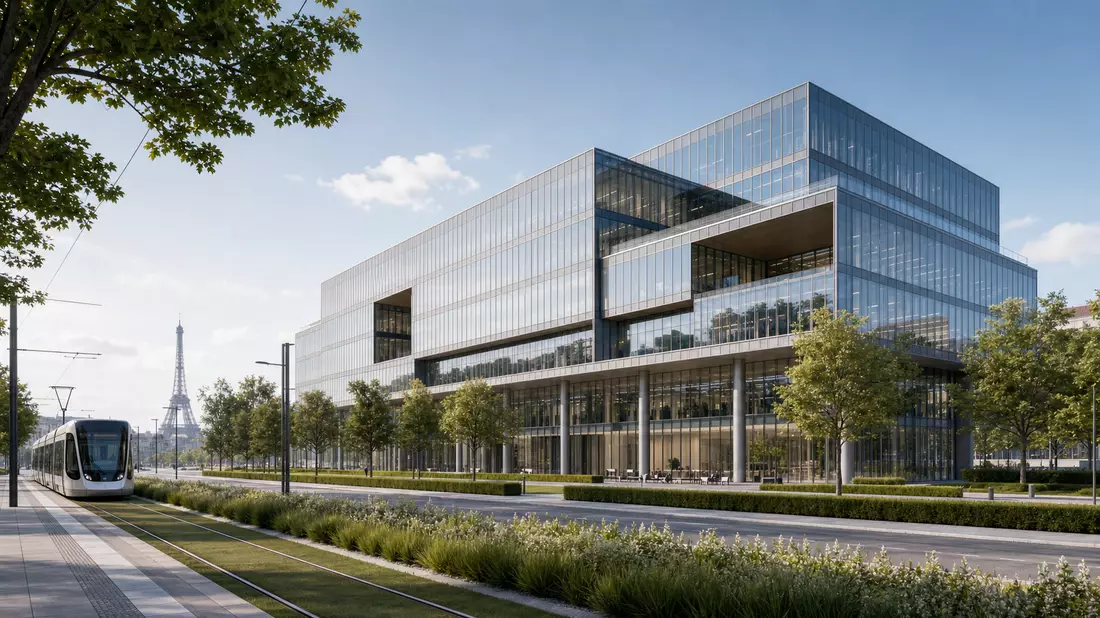 Architektur-Render eines modernen Glasgebäudes mit Straßenbahn und Eiffelturm im Hintergrund