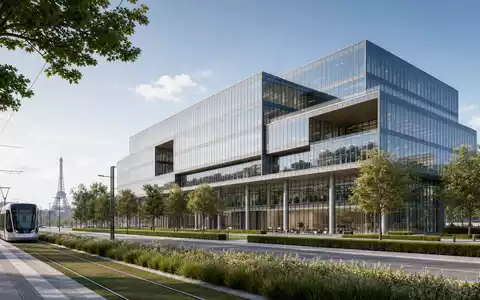 Alstom S.A. (FR0010220475) mit Hauptsitz in Saint-Ouen, illustriert durch modernes Architektur-Rendering nahe Paris - Foto: THN